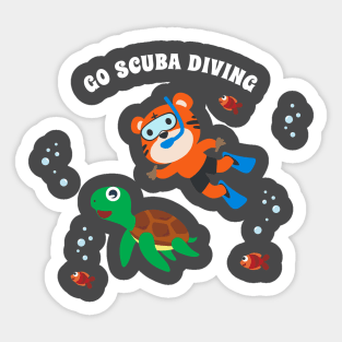 Diving with funny tiger and turtle with cartoon style. Sticker